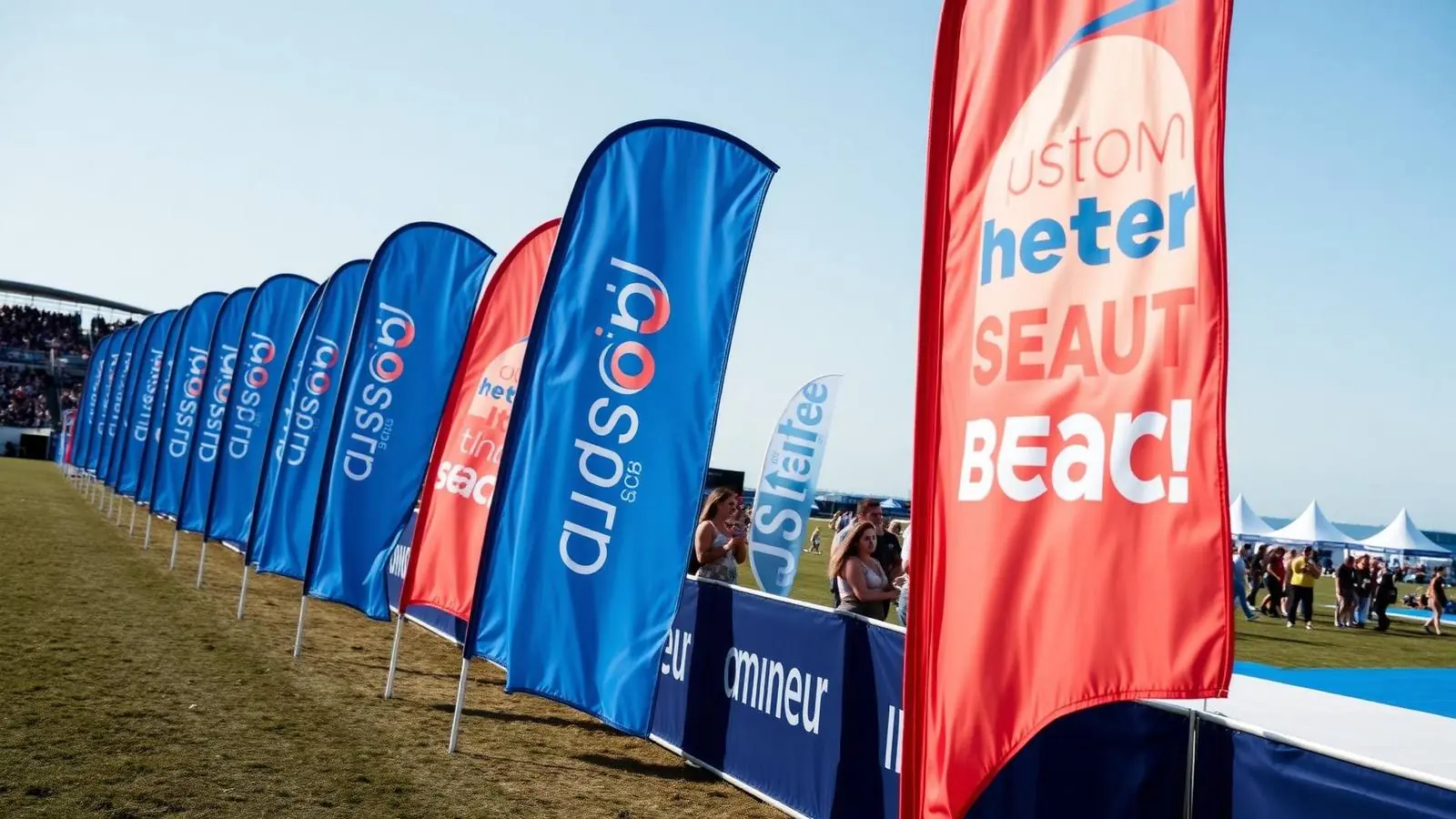 Beachflags en banners langs een sportveld tijdens een evenement